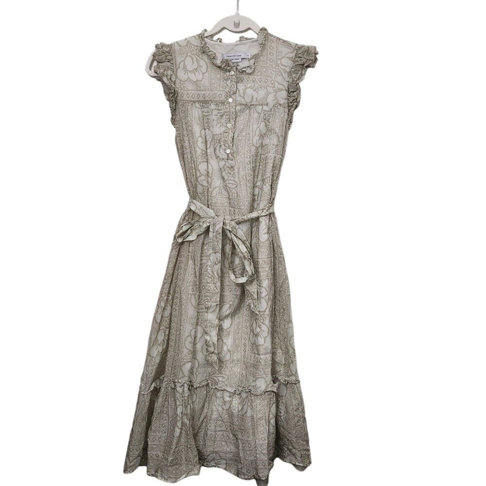 Frances‎ Hart Dress Womens XS Gray Floral Ruffled Midi Boho Belted Cotton Lined